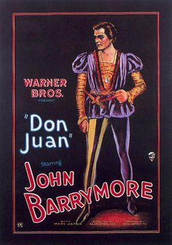 Illustration of a man dressed in an orange-and-purple Elizabethan costume with puffy shoulders and sheer leggings. Accompanying text provides film credits, dominated by the name of star John Barrymore.
